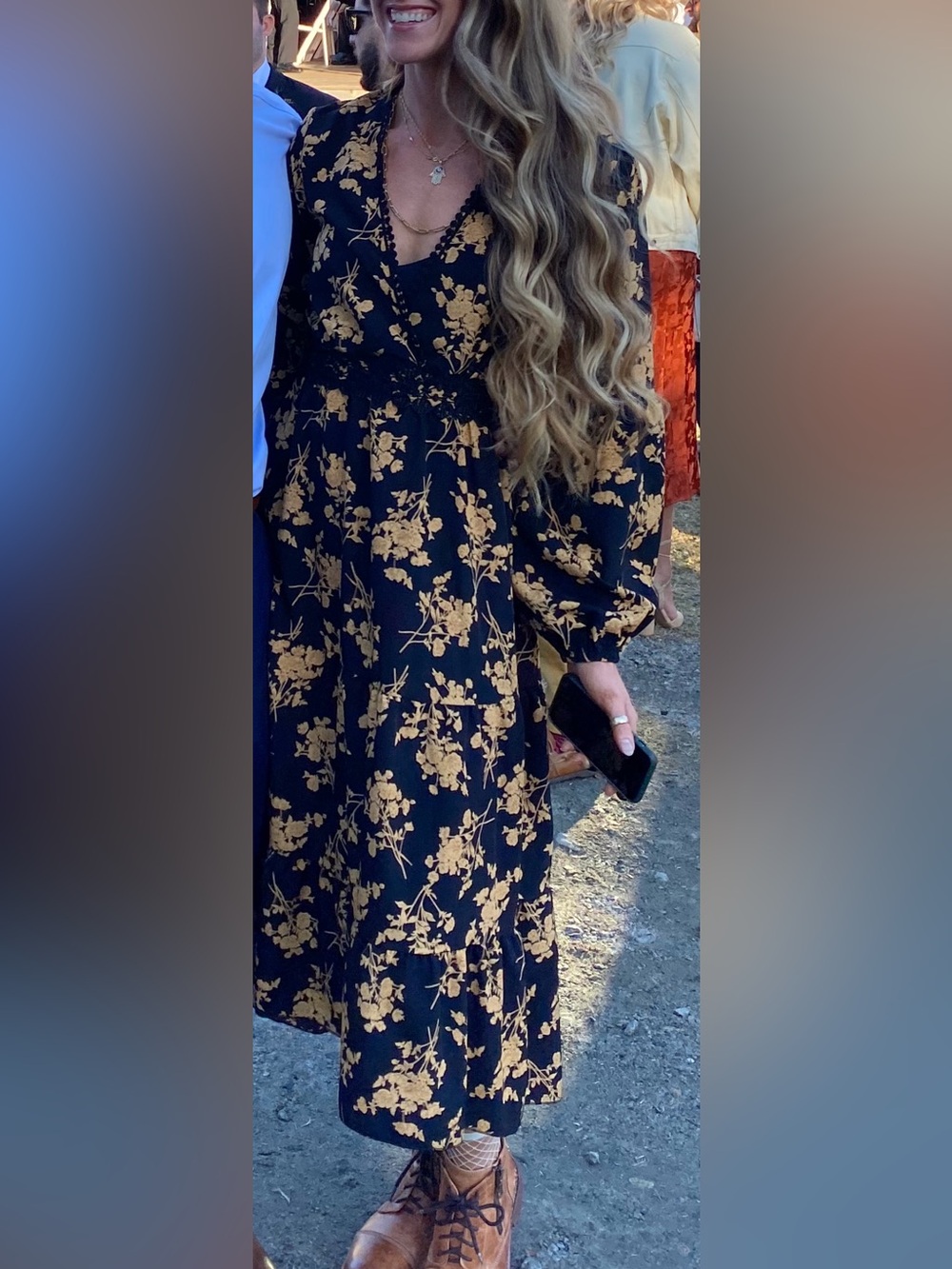Black and Mustard Floral V-Neck Midi Dress